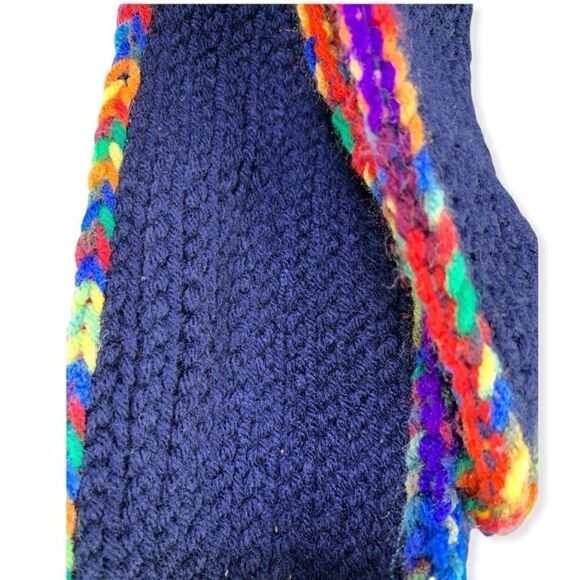 HANDKNIT Rainbow trimmed Navy Scarf - Picture 2 of 4